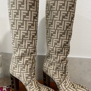 Fendi Beige Monogram FF Tapestry Boots